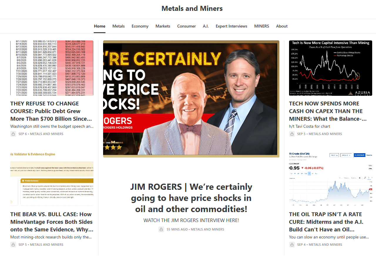 Metals and Miners Substack homepage with current research and interviews